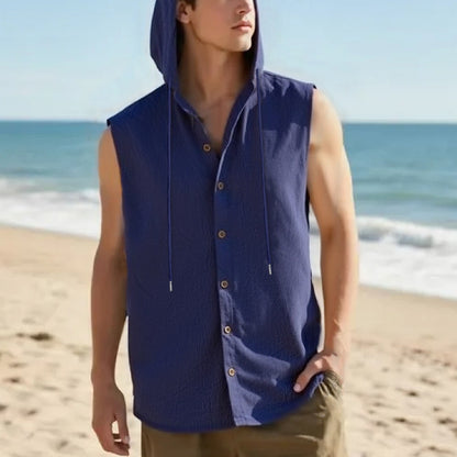 Mens Linen Hooded Sleeveless Shirt