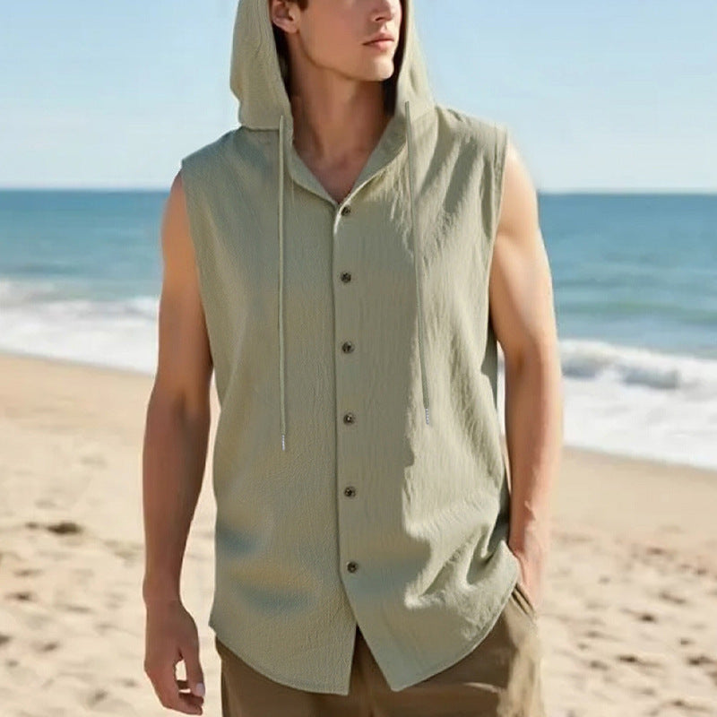Mens Linen Hooded Sleeveless Shirt