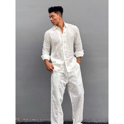 Mens Linen Shirt Long Sleeve Casual Summer Button Down