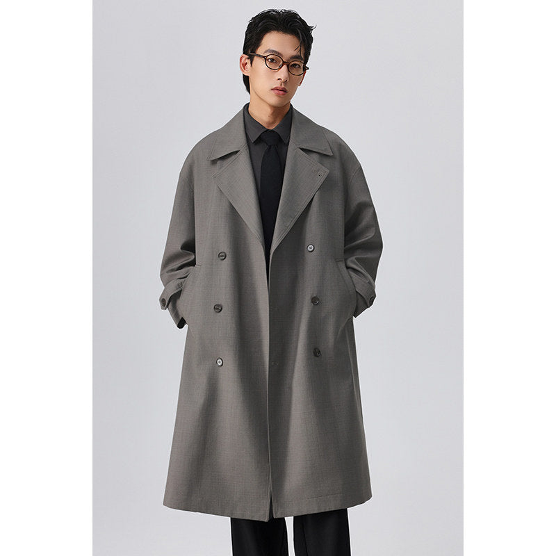 Mens Long Plaid Trench Coat with Drop Shoulder