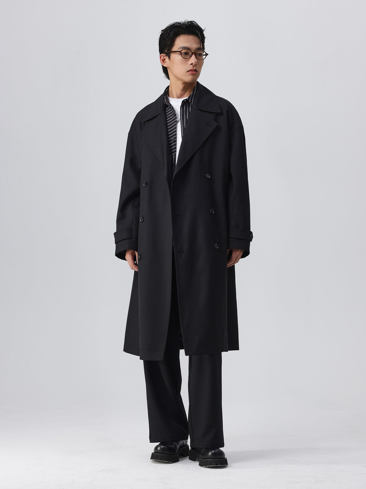 Mens Long Plaid Trench Coat with Drop Shoulder