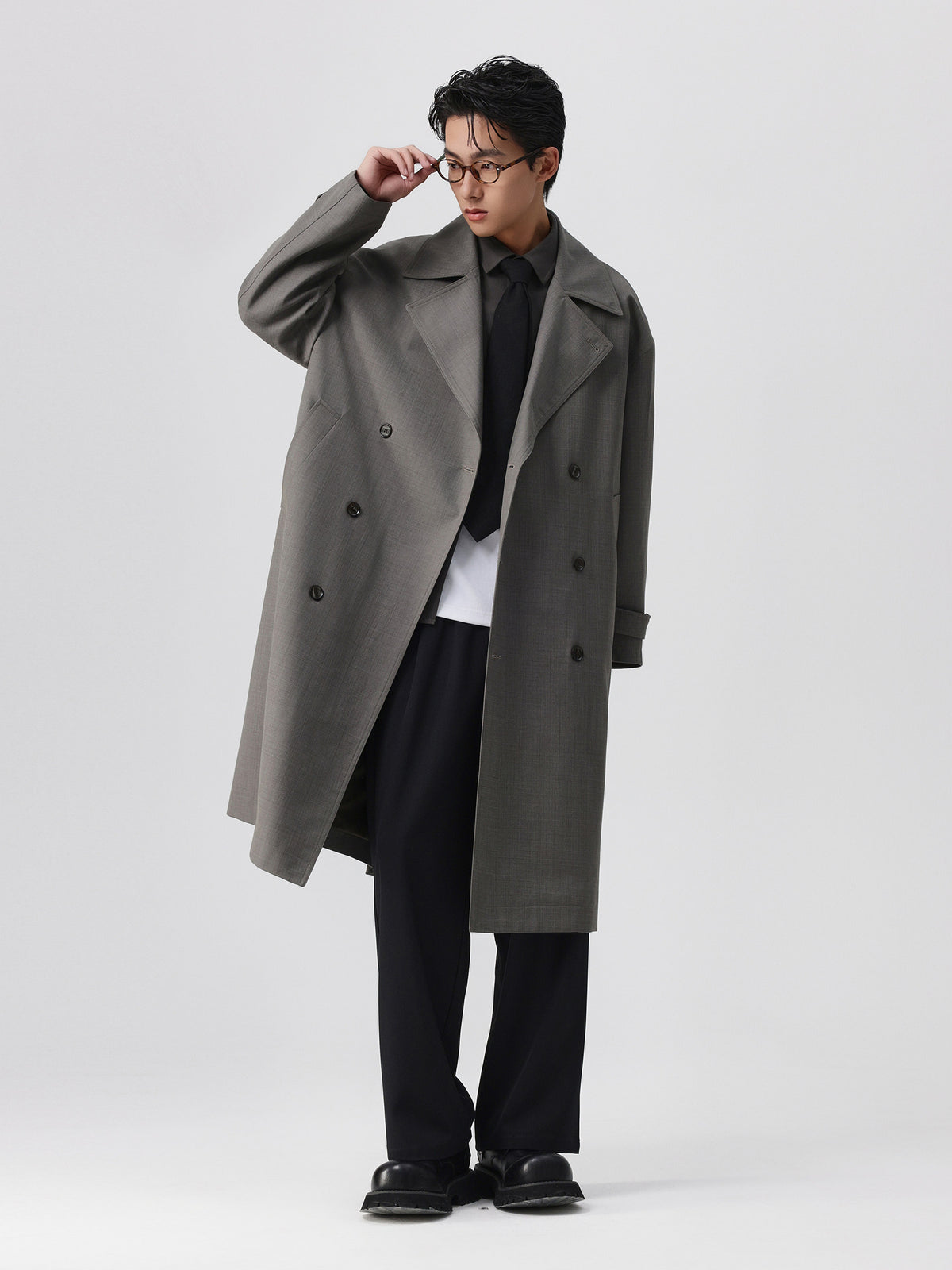 Mens Long Plaid Trench Coat with Drop Shoulder