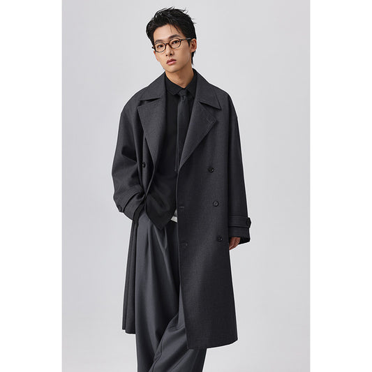 Mens Long Plaid Trench Coat with Drop Shoulder
