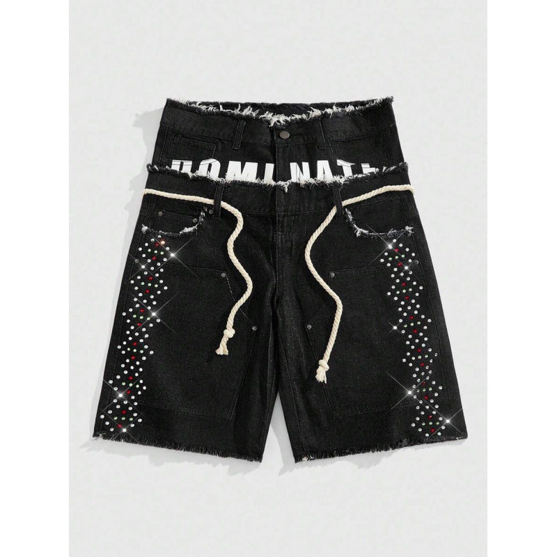 Mens Loose Fit Denim Pants with Diamond Decoration