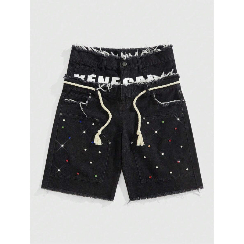 Mens Loose Fit Denim Pants with Diamond Decoration