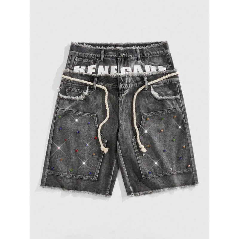Mens Loose Fit Denim Pants with Diamond Decoration