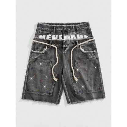 Mens Loose Fit Denim Pants with Diamond Decoration