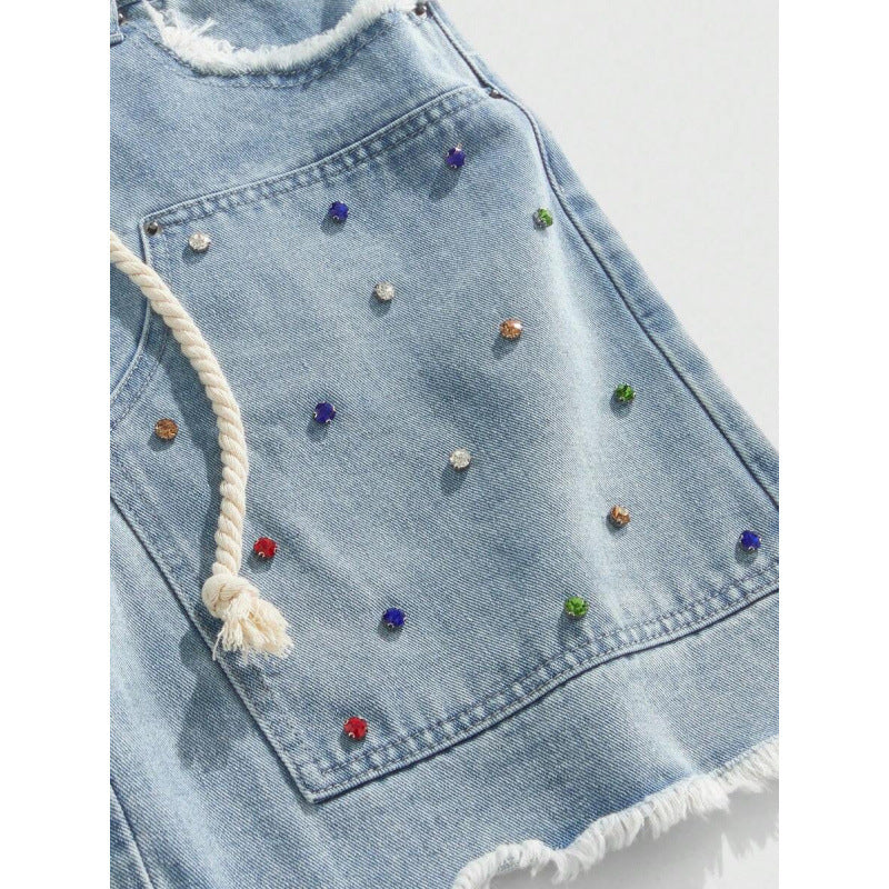 Mens Loose Fit Denim Pants with Diamond Decoration