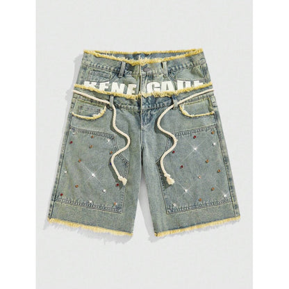 Mens Loose Fit Denim Pants with Diamond Decoration