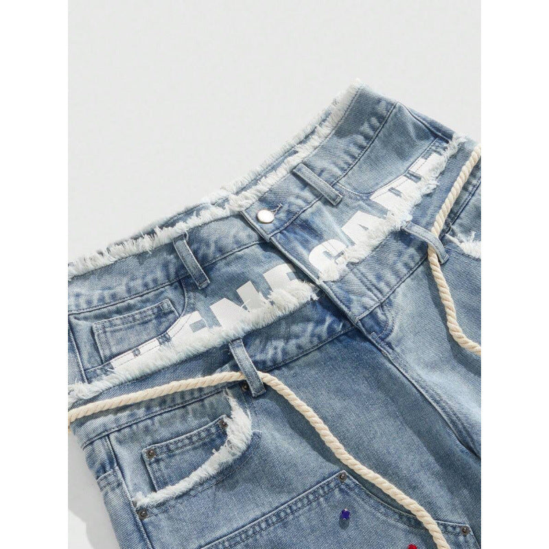 Mens Loose Fit Denim Pants with Diamond Decoration