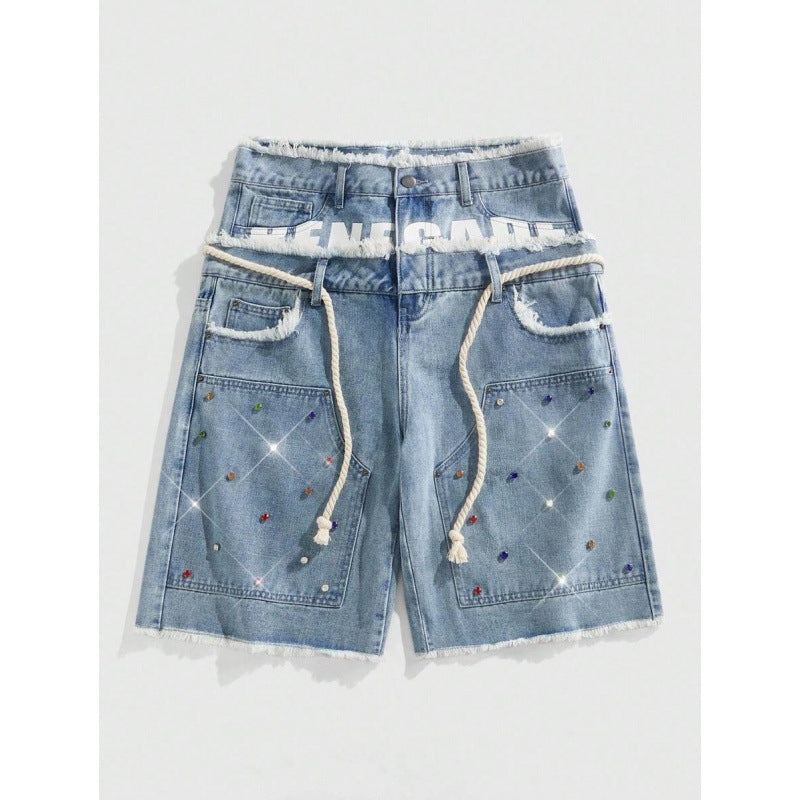 Mens Loose Fit Denim Pants with Diamond Decoration