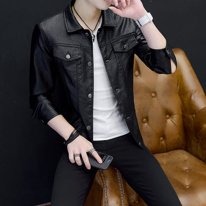 Mens PU Leather Jacket Slim Fit Lapel Outerwear