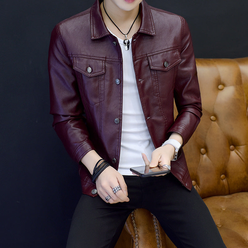 Mens PU Leather Jacket Slim Fit Lapel Outerwear