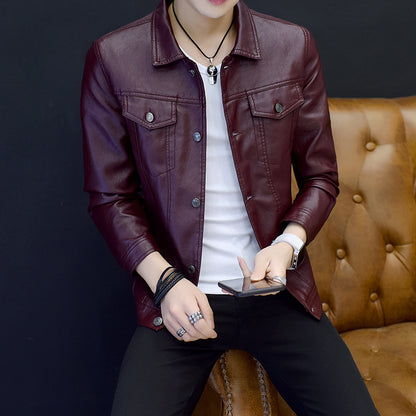 Mens PU Leather Jacket Slim Fit Lapel Outerwear
