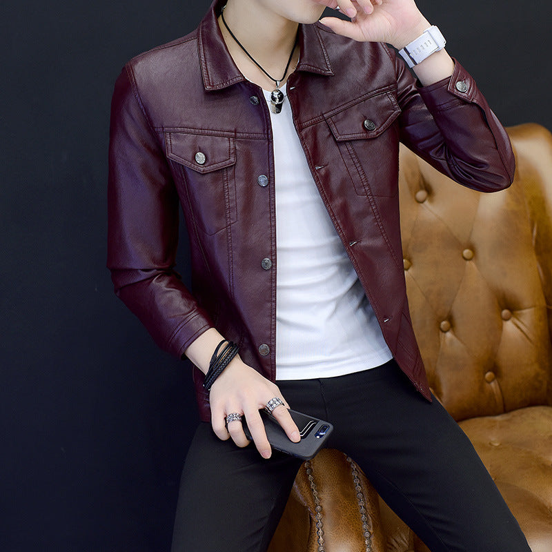 Mens PU Leather Jacket Slim Fit Lapel Outerwear