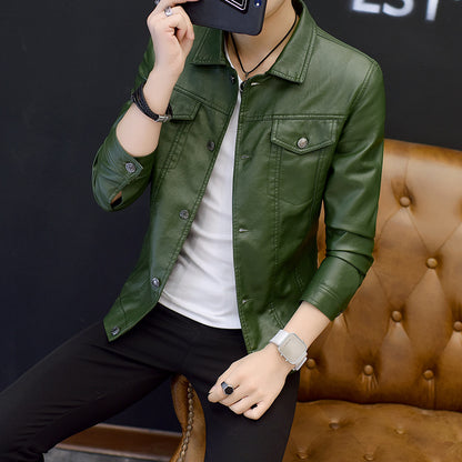 Mens PU Leather Jacket Slim Fit Lapel Outerwear