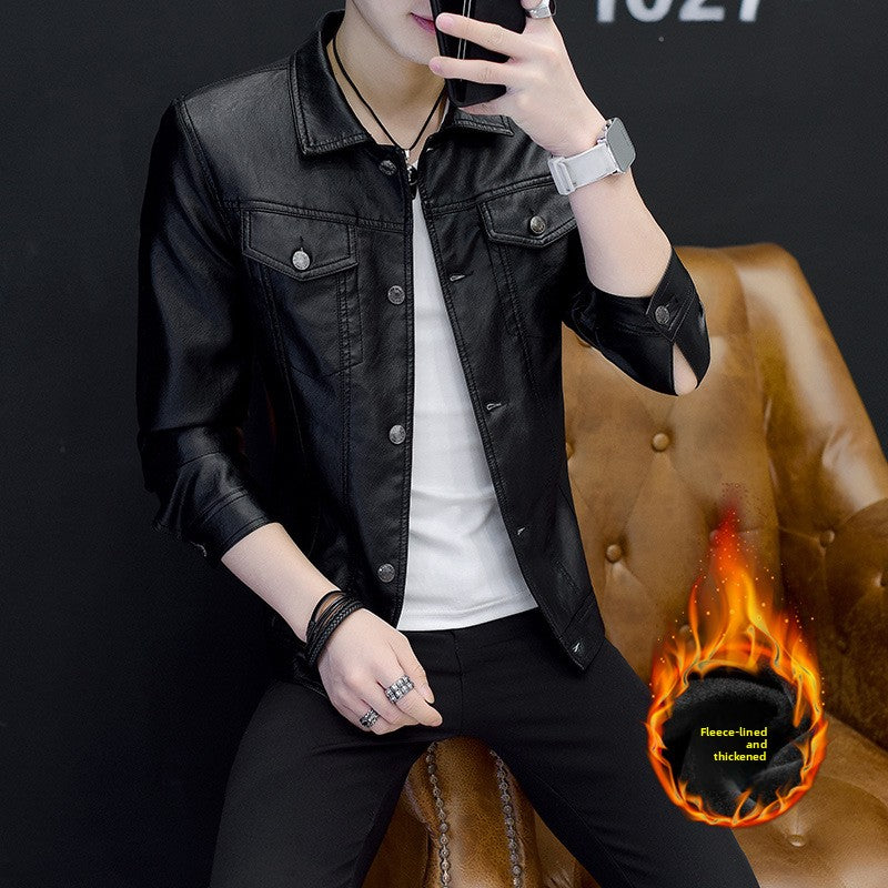 Mens PU Leather Jacket Slim Fit Lapel Outerwear