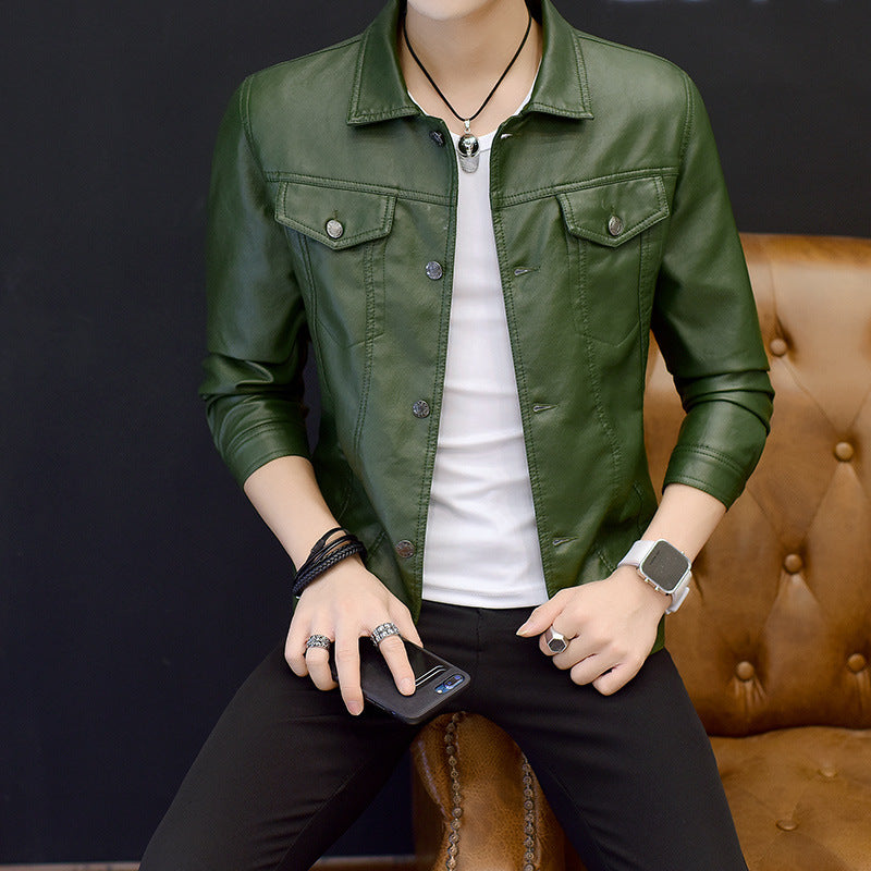 Mens PU Leather Jacket Slim Fit Lapel Outerwear