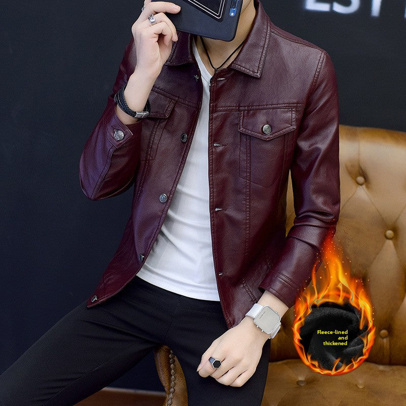 Mens PU Leather Jacket Slim Fit Lapel Outerwear