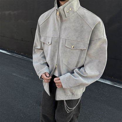 Mens PU Leather Jacket Stand Collar Workwear Style