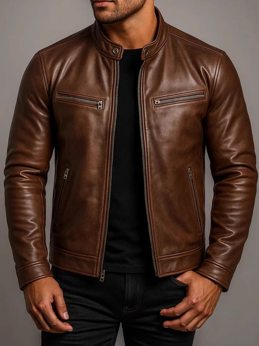 Mens PU Leather Stand Collar Jacket
