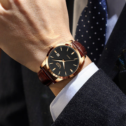 Mens Quartz Watch Leather Strap Waterproof Luminous