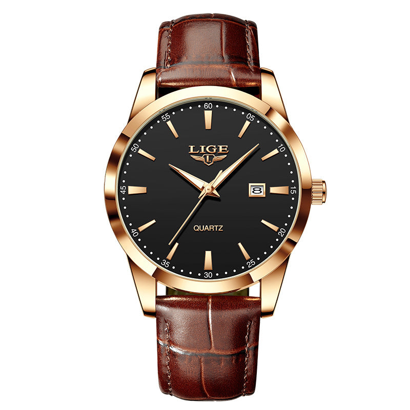 Mens Quartz Watch Leather Strap Waterproof Luminous