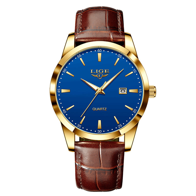 Mens Quartz Watch Leather Strap Waterproof Luminous