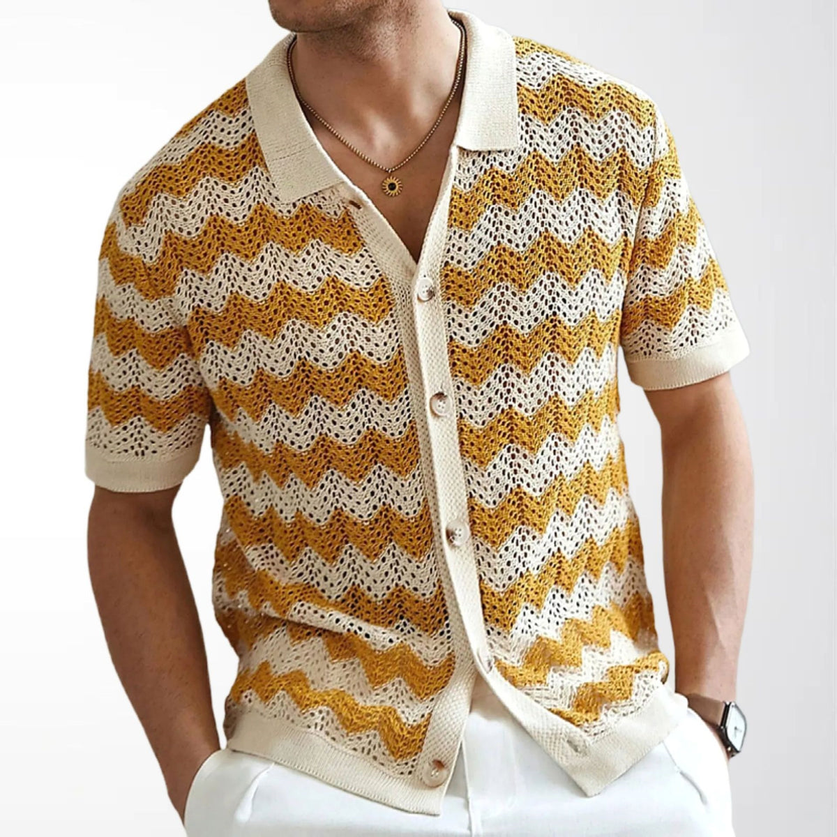 Mens Quick Dry Hollow Jacquard Ripple Knit Polo Shirt