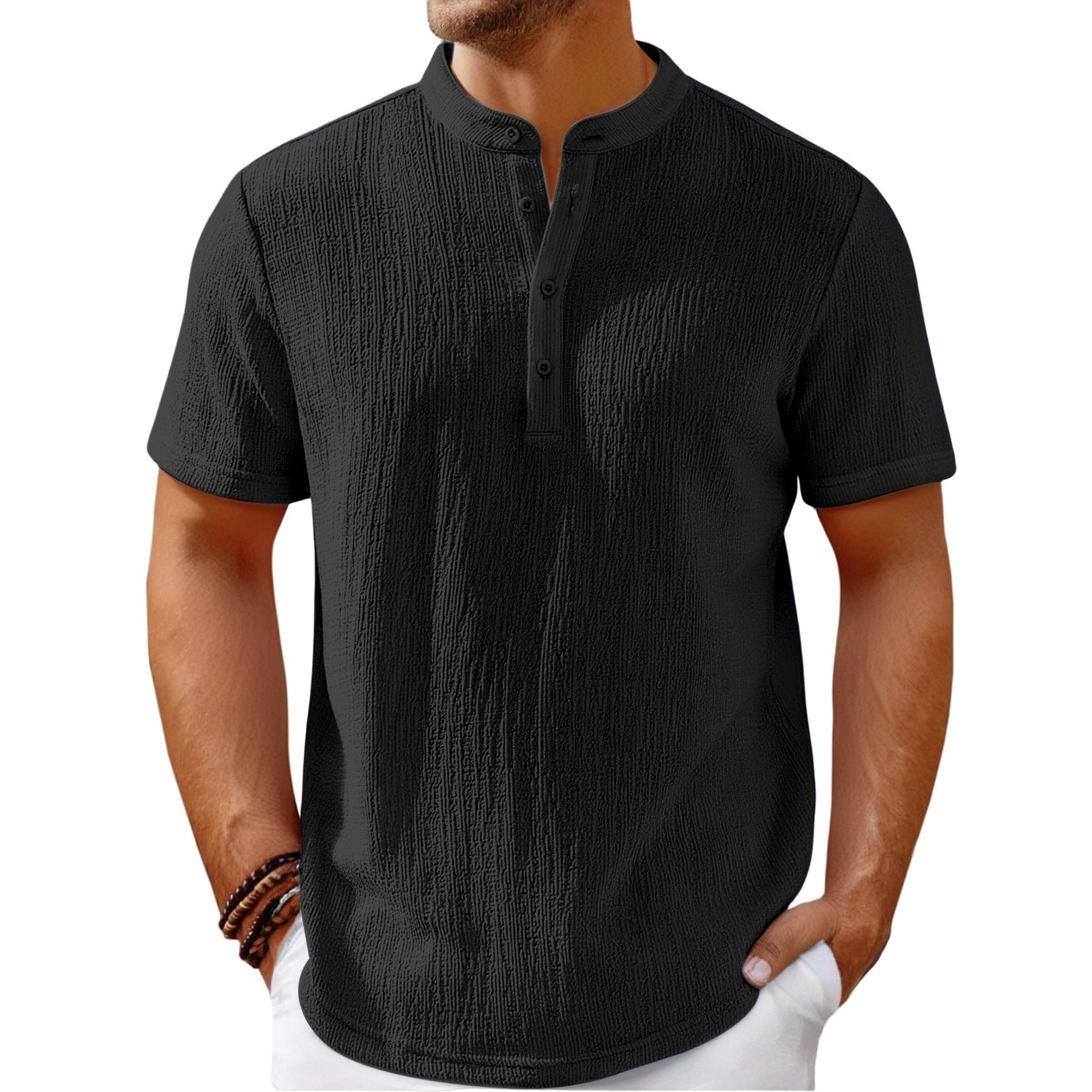 Mens Retro Cotton Linen Striped Henley Shirt