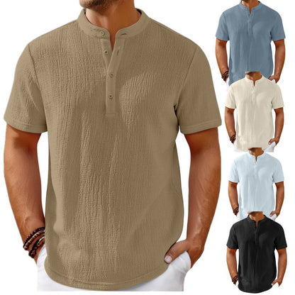 Mens Retro Cotton Linen Striped Henley Shirt