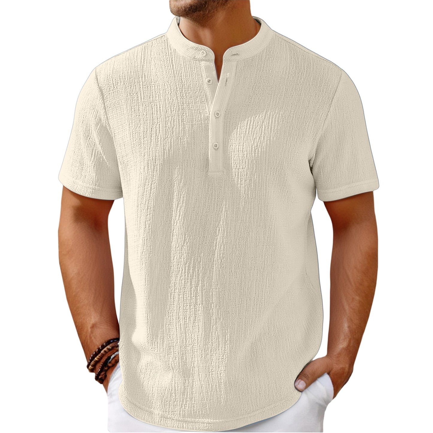 Mens Retro Cotton Linen Striped Henley Shirt