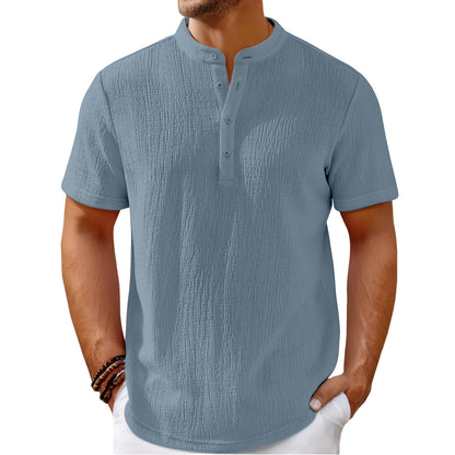 Mens Retro Cotton Linen Striped Henley Shirt