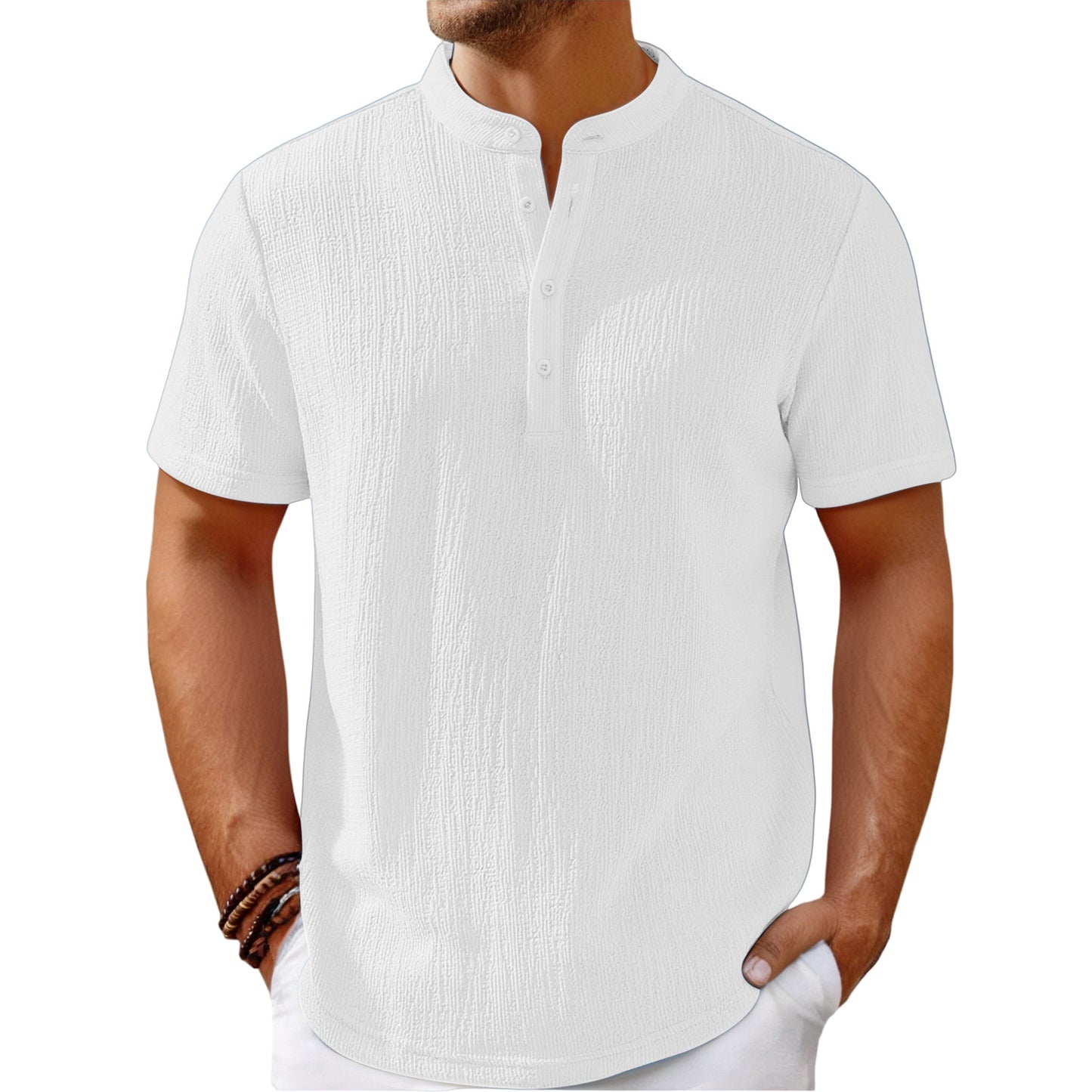 Mens Retro Cotton Linen Striped Henley Shirt