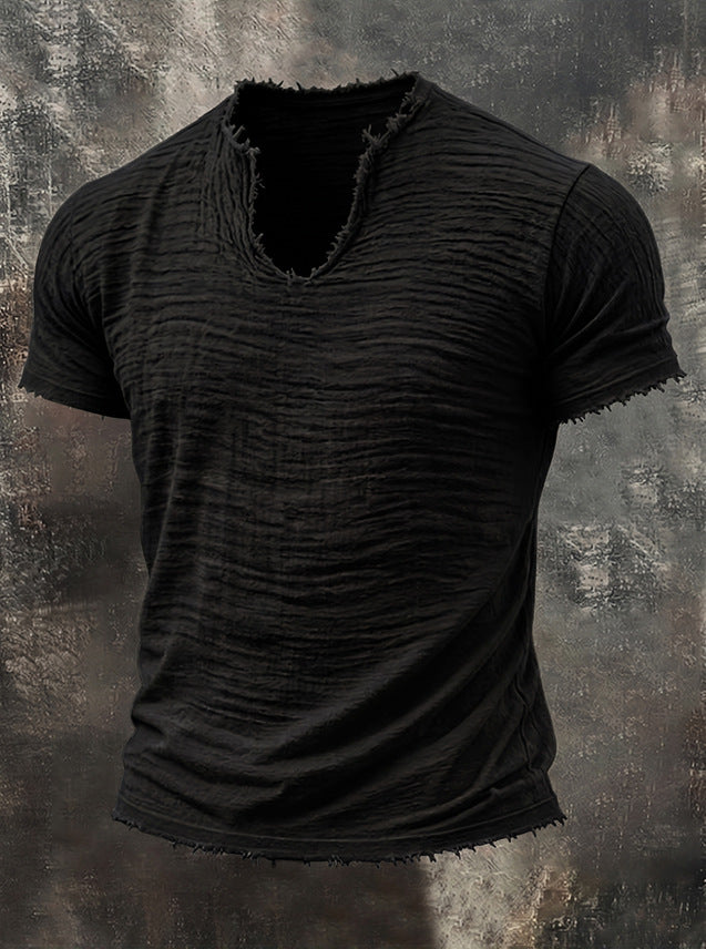 Mens Retro Cotton Linen V-Neck T-Shirt