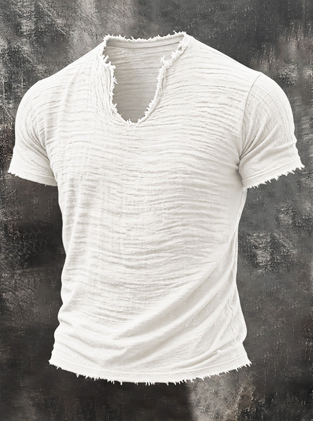 Mens Retro Cotton Linen V-Neck T-Shirt