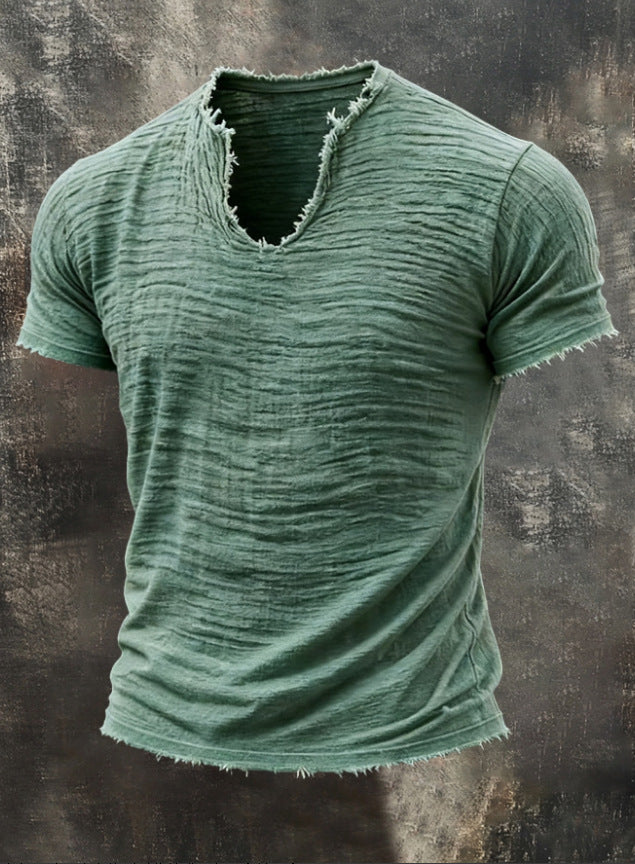 Mens Retro Cotton Linen V-Neck T-Shirt
