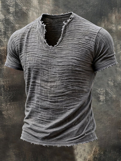 Mens Retro Cotton Linen V-Neck T-Shirt