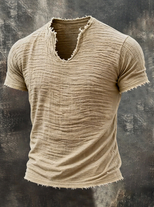 Mens Retro Cotton Linen V-Neck T-Shirt