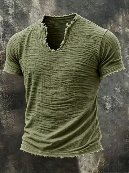 Mens Retro Cotton Linen V-Neck T-Shirt