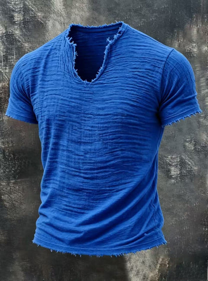 Mens Retro Cotton Linen V-Neck T-Shirt