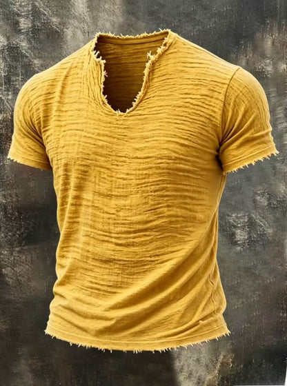 Mens Retro Cotton Linen V-Neck T-Shirt