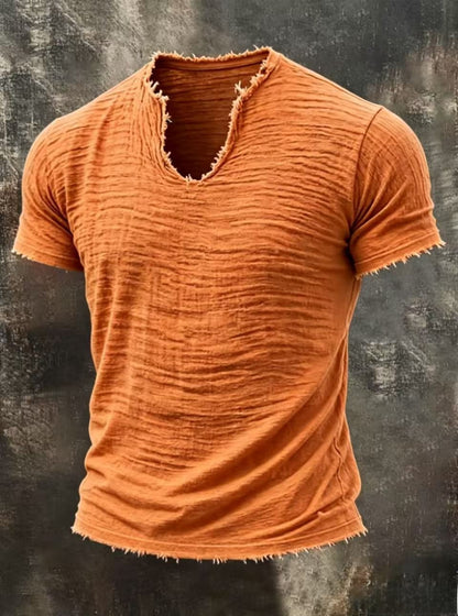 Mens Retro Cotton Linen V-Neck T-Shirt