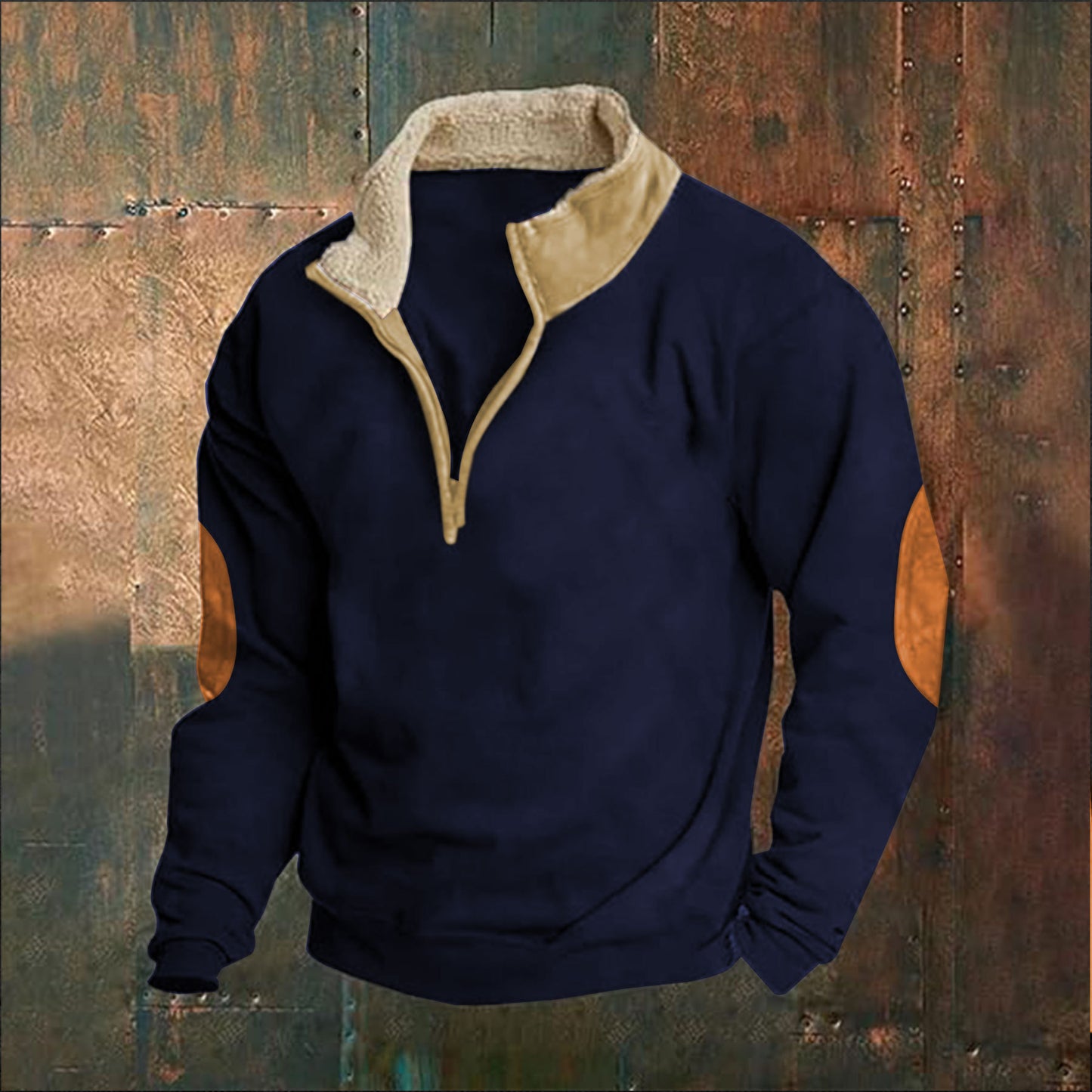 Mens Retro Patchwork Embroidered Half Zip Sweatshirt