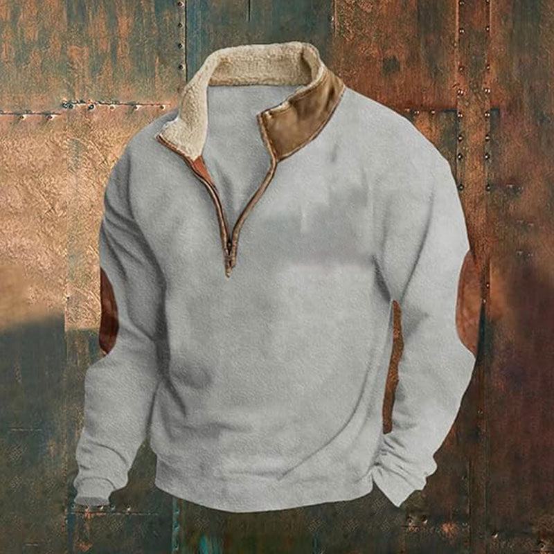 Mens Retro Patchwork Embroidered Half Zip Sweatshirt
