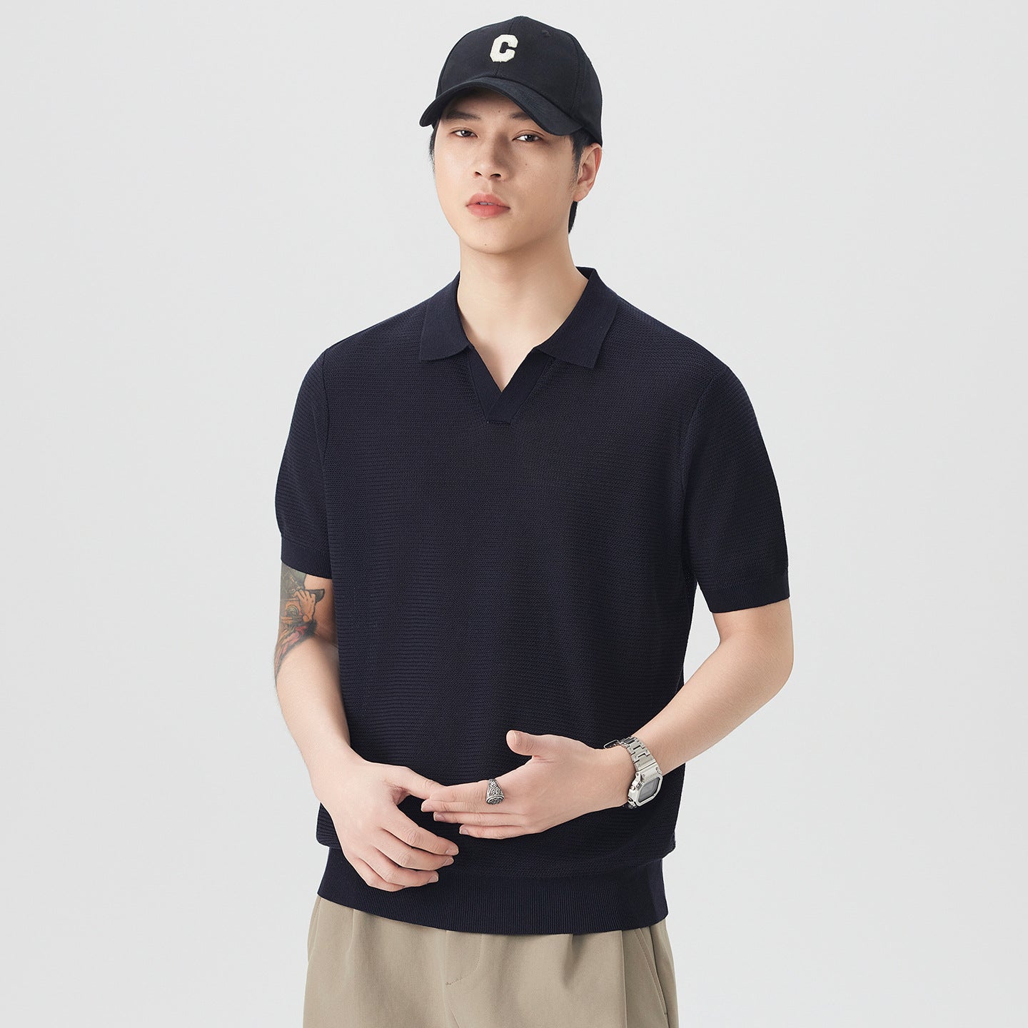 Mens Retro Seagull Collar Knit Polo Shirt