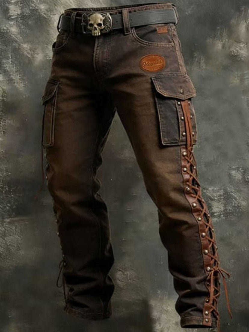 Mens Retro Straight-Leg Printed Work Pants
