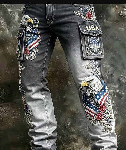 Mens Retro Straight-Leg Printed Work Pants