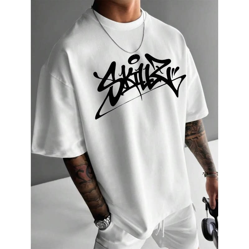 Mens Round Neck Letter Print Cotton T-shirt