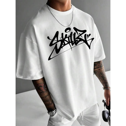 Mens Round Neck Letter Print Cotton T-shirt